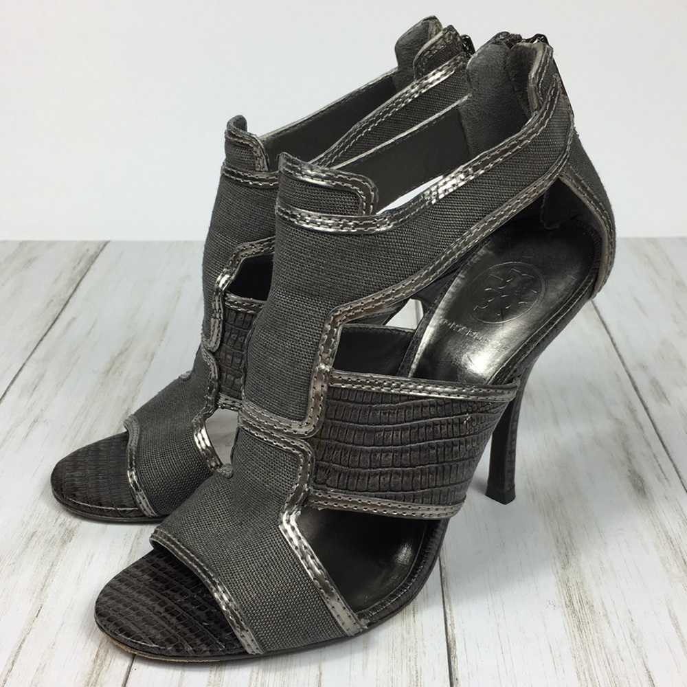 Tory Burch Silver Leather Snakeskin Heels Size 6.5